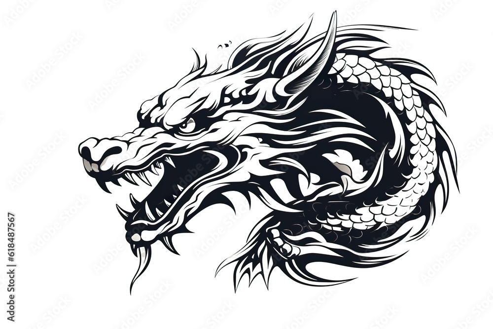 Obraz premium Chinese dragon artwork black line stencil isolated on white PNG
