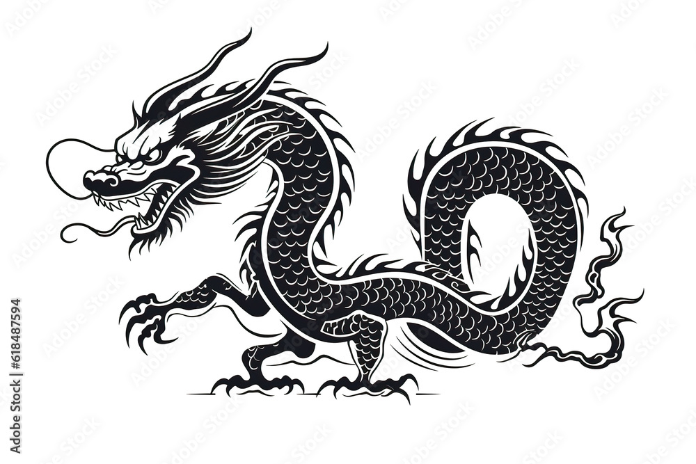 Chinese dragon artwork black line stencil isolated on white PNG Chinese dragon artwork black line stencil isolated on white PNG