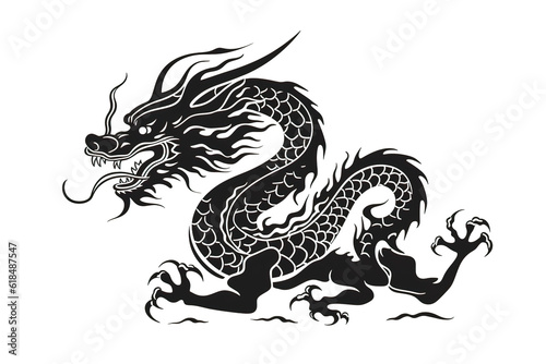 Chinese dragon artwork black line stencil isolated on white PNG