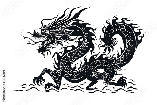 Chinese dragon artwork black line stencil isolated on white PNG