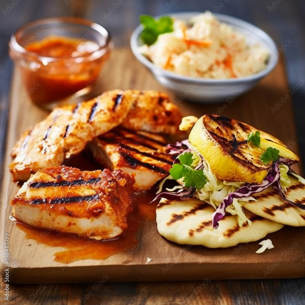 Chicken meat with salsa and green salad. Generative AI