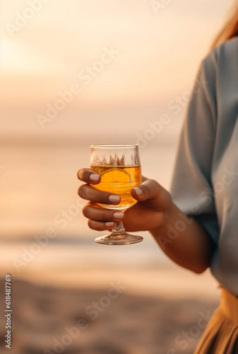 Woman hand holding glass of wine in sunset. Generative AI