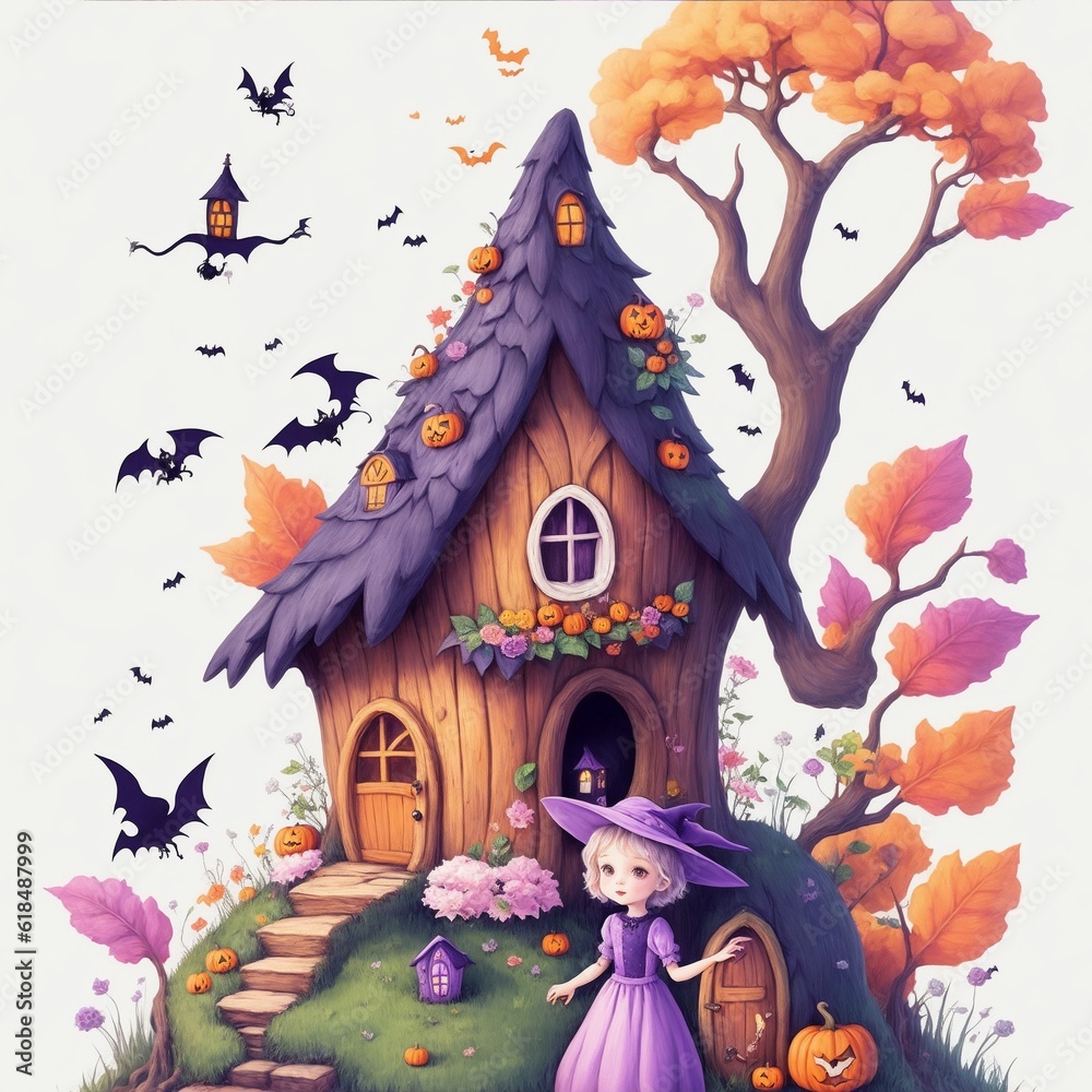 Cute fairy house with the witch children book illustration vector art