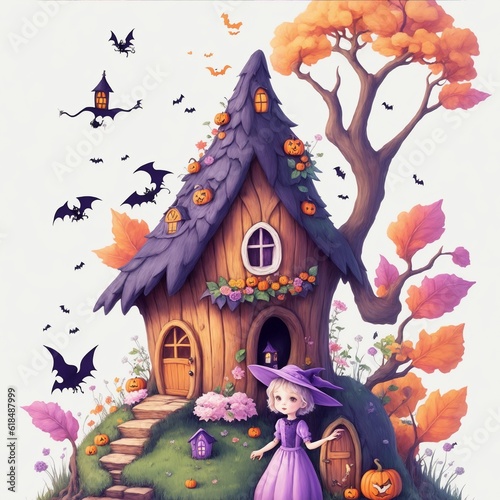 Cute fairy house with the witch children book illustration vector art © Pasindu