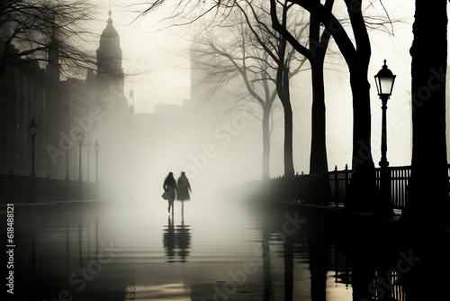 Black and white image: silhouette of a couple in the fog on the street of Paris. Generative AI