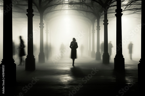 Black and white image: silhouette of a young woman in the fog on the street of Paris. Generative AI
