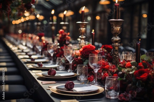 Photo of a beautifully dark decorated table with red roses and candles