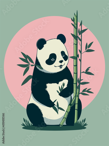 Panda eat bamboo against the background of the pink sun, painting in asian style. Pandas are very fond of bamboo. Japanese and Chinese paintings