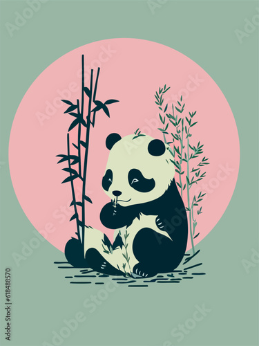 Panda eat bamboo against the background of the pink sun, painting in asian style. Pandas are very fond of bamboo. Japanese and Chinese paintings