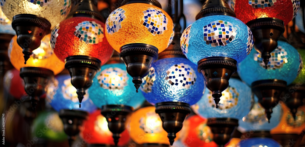 Closeup image of a colorful Turkish lamp for sale in a Bazaar. Generative AI.