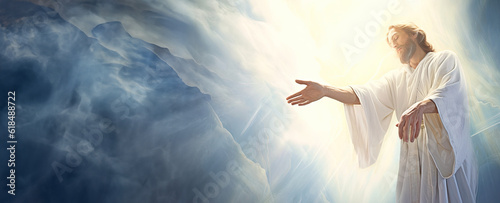 Fényképezés Jesus Christ with Arms Out with Divine Light from Above, Banner Background with
