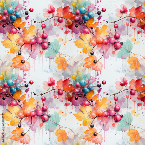 Watercolor seamless pattern with wild berries and currants, twigs and leaves. Floral drawn background for design, fabric, paper, wallpaper, packaging. Generative AI