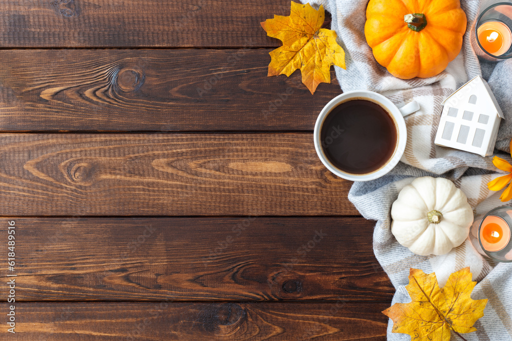 Autumn background with leafs cup of coffee and notepad Autumn background with leafs cup of coffee and notepad