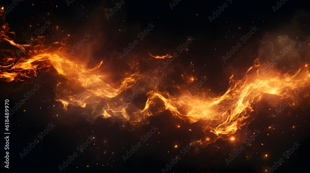 Fire and flying fire particles, Fire sparks background, abstract Fire and fire sparks, fire overlay,  Flames on isolated black background, Generative AI