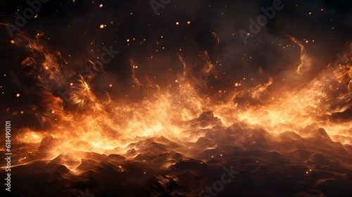 Fire and flying fire particles, Fire sparks background, abstract Fire and fire sparks, fire overlay, Flames on isolated black background, Generative AI