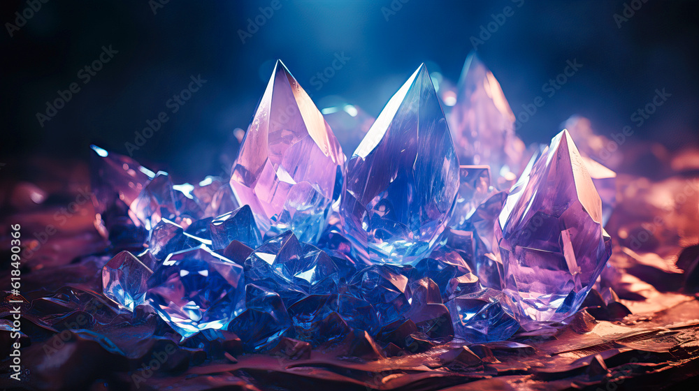 Illustration of a beautiful purple crystals on black background. Generative AI. Illustration of a beautiful purple crystals on black background. Generative AI.