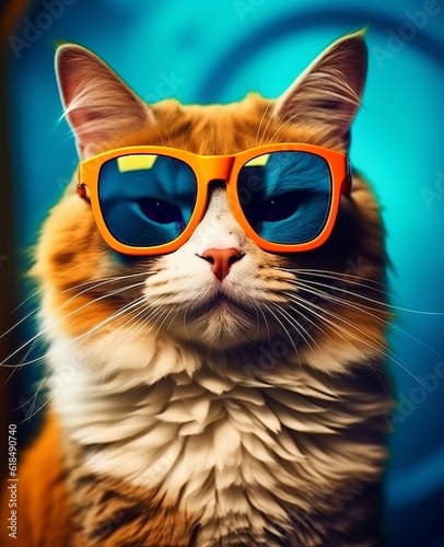 An illustration of a multicolored, colorful fantasy cat wearing sunglasses. Made with Generative AI technology
