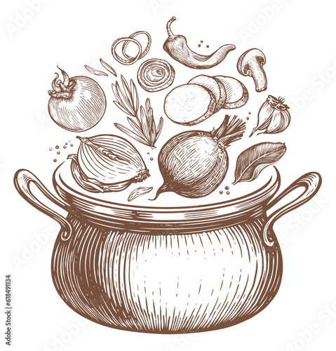 Vegetables falling into pot. Healthy eating, vegetarian food and proper diet. Home kitchen vector illustration