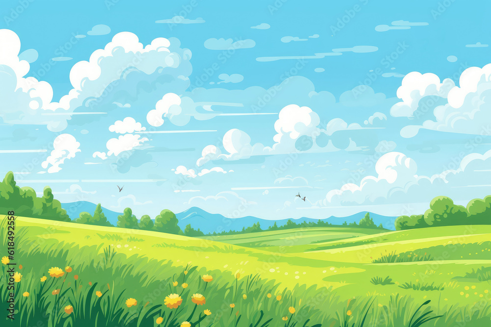 green meadow summer field blue sky illustration Generative AI green meadow summer field blue sky illustration Generative AI
