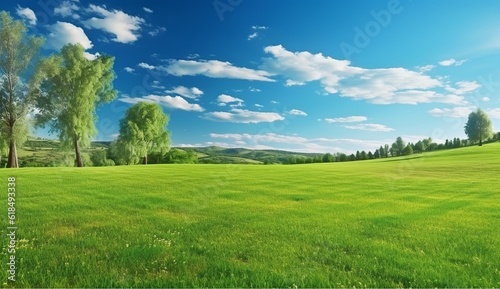 A natural panorama unfolds, showcasing a vast expanse of green grass fields. Made with generative AI technology