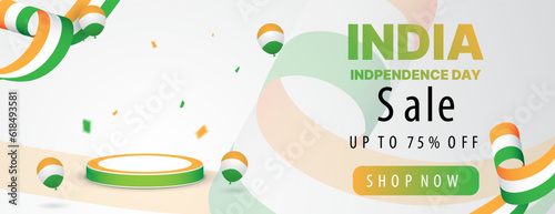 india independence day sale banner design with podium, balloons and confetti