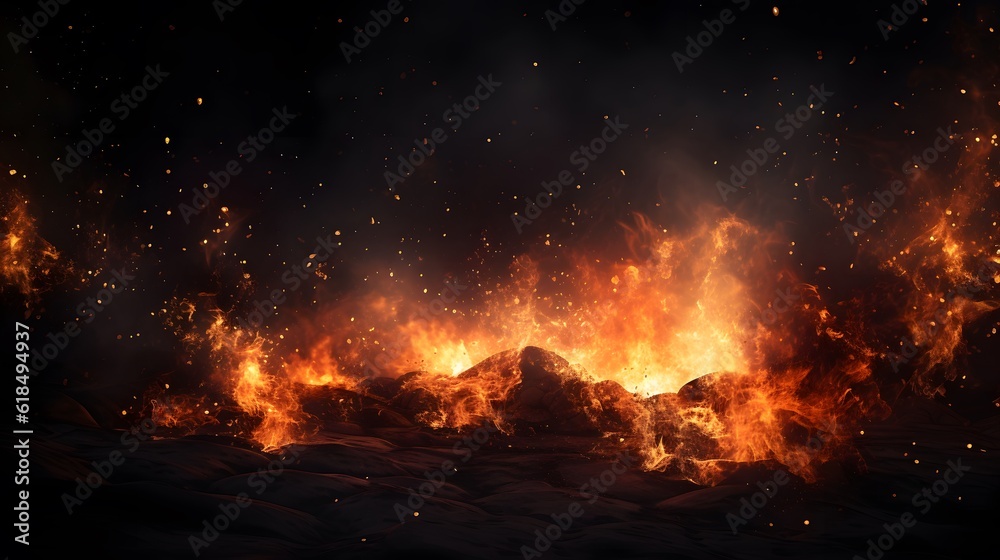 Bruning Ground and flying fire particles, Fire sparks background, abstract Fire and fire sparks, fire overlay,  Flames on isolated black background, Generative AI