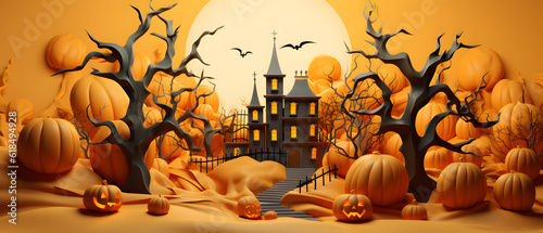 Haunted Halloween Castel and pumpkin, a symbol of spooky halooween decore. AI Generated photo