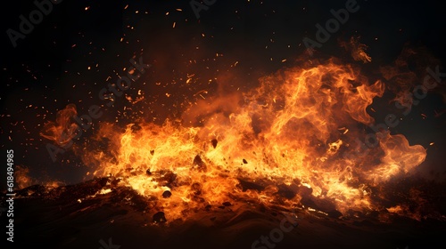 Bruning Ground and flying fire particles, Fire sparks background, abstract Fire and fire sparks, fire overlay, Flames on isolated black background, Generative AI