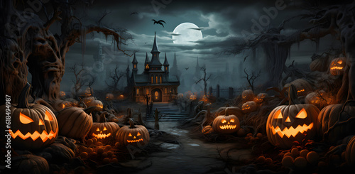 Haunted Halloween Castel and pumpkin, a symbol of spooky halooween decore. AI Generated
