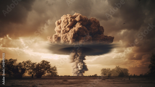 Sky, apocalypse and nuclear and explosion of bomb in nature for battle, fire and armageddon. Danger, smoke and crisis with nuke attack and mushroom cloud for ai generated, atomic and power