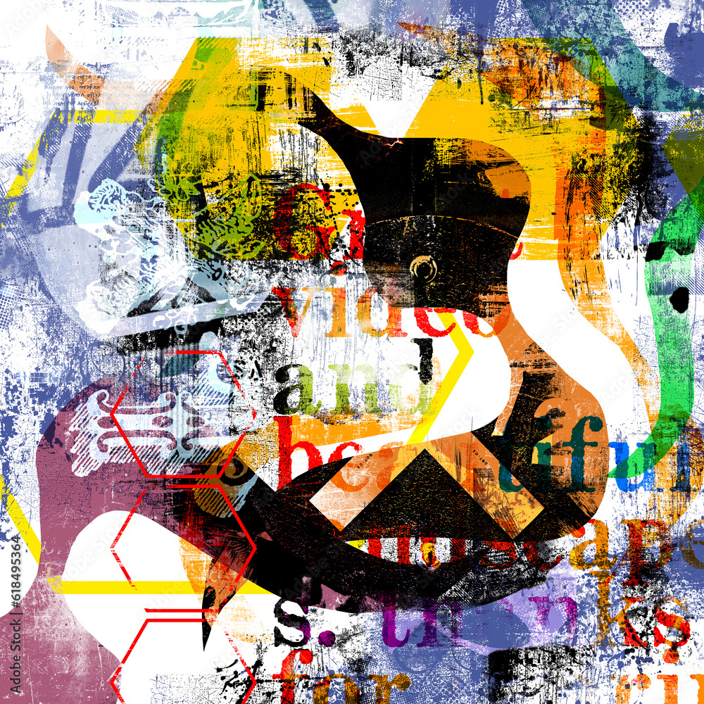 Fototapeta premium Grunge weathered modern abstract collage with colourful creative elements and forms