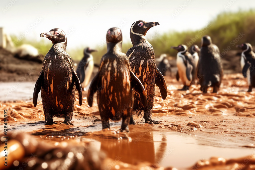 Penguins with oilstained feathers stand next to each other. Impact of