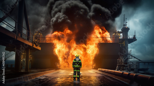 Accident, fire and explosion with firefighter on oil rig for disaster, climate change and damage, Danger, smoke and ai generated with person on refinery for smoke, rescue service and emergency