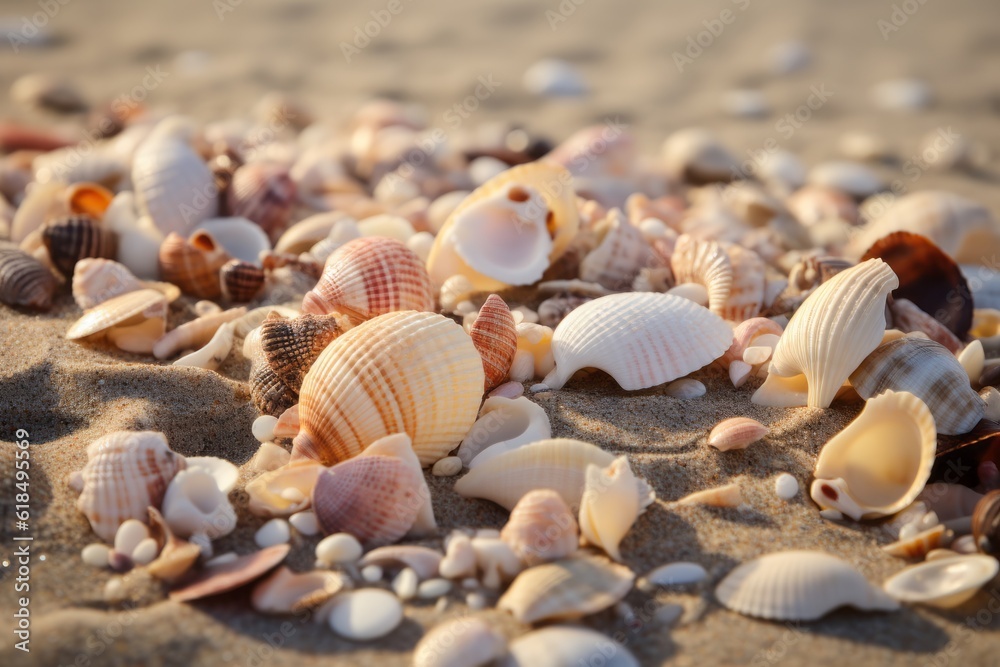 Seashells on the beach under the warm summer sun. Fine sand. Generative ai Seashells on the beach under the warm summer sun. Fine sand. Generative ai