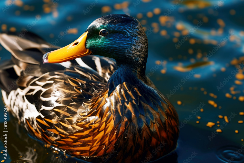A duck with oil-covered feathers in waste and plastic-polluted water. Negative impact of human activity, oil spill and plastic water pollution on nature, ocean and sea - habitat of seabirds A duck with oil-covered feathers in waste and plastic-polluted water. Negative impact of human activity, oil spill and plastic water pollution on nature, ocean and sea - habitat of seabirds
