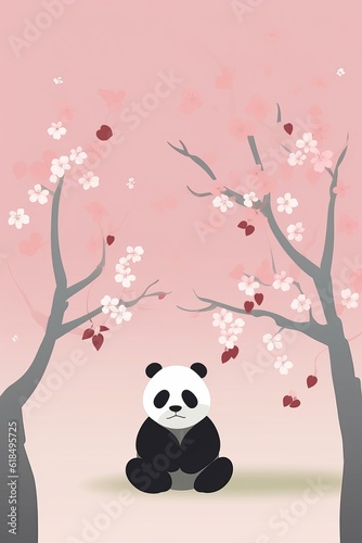 Japanese cherry tree minimalist pink poster with a panda bear. Generative ai