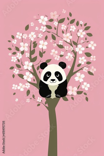 Japanese cherry tree minimalist pink poster with a panda bear. Generative ai