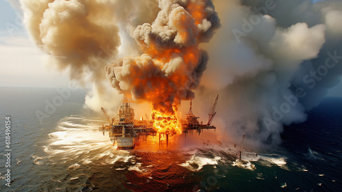 Smoke, accident and explosion of oil on rig for damage, emergency and danger. Catastrophe, crisis and fire with refinery machine on ocean platform for ai generated, industrial energy and power