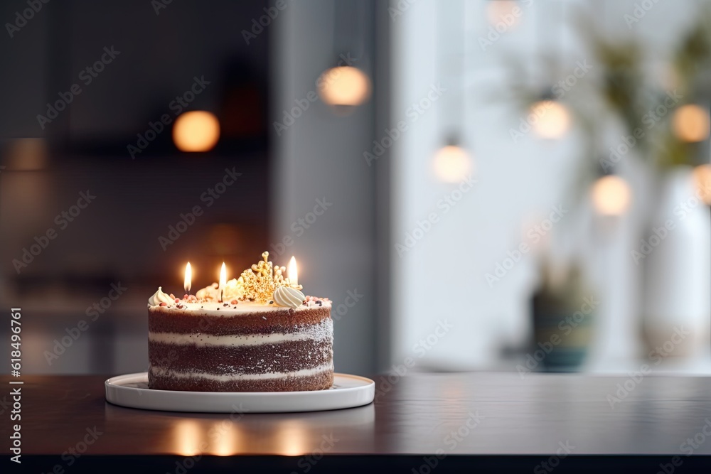 Happy Birthday Cake on Table at Home with Blurry Background and Copy Space for Celebration Happy Birthday Cake on Table at Home with Blurry Background and Copy Space for Celebration
