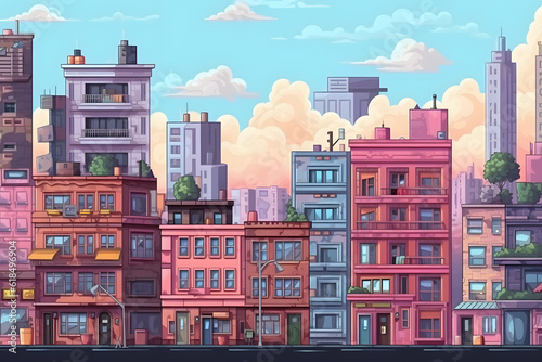 Building city retro style computer game background Pixel art 8 bit concept