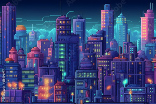 Building city retro style computer game background Pixel art 8 bit concept