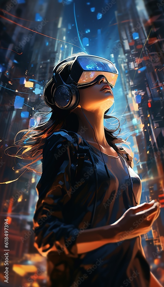 Portrait of a young cyberpunk girl wearing virtual reality goggles. Future technology concept. created with generative AI technology.