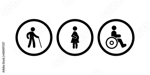 People silhouette icon set. Bathroom gender signs and health conditions symbols. Senior and disabled. Medical or navigation pictograms.