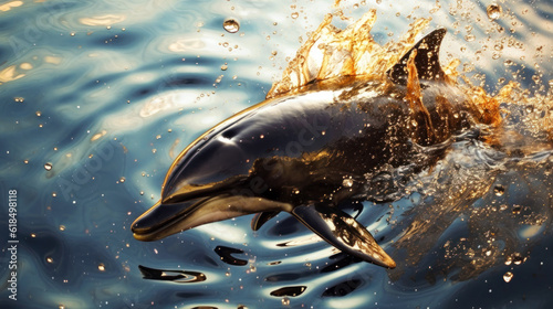 Dolphin suffering from water pollution by oil. Mammals come into contact with oil slicks while swimming or breathing near the surface of the water. Breathing problems, intoxication and skin damage © Garnar