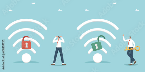 Blocked wi-fi hotspot, wi-fi bar, internet access password, work or home network, internet addiction, man shocked by password-protected internet, second man with key knows password to high speed wi-fi
