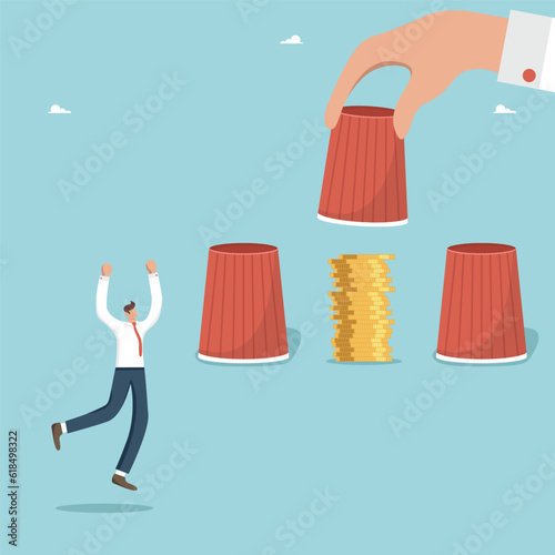 Successful increase in own funds or savings, profitability of the investment portfolio or shares, growth in wages and business profitability, businessman guessed which cup the coins were hidden under.