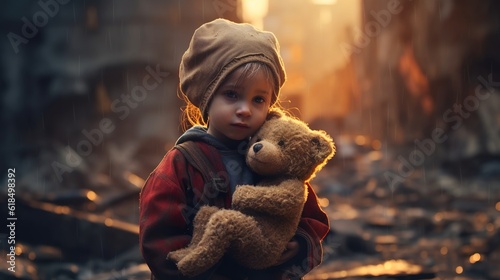 A terrified little child clutching a teddy bear while running away of the brutality of war, Generative AI