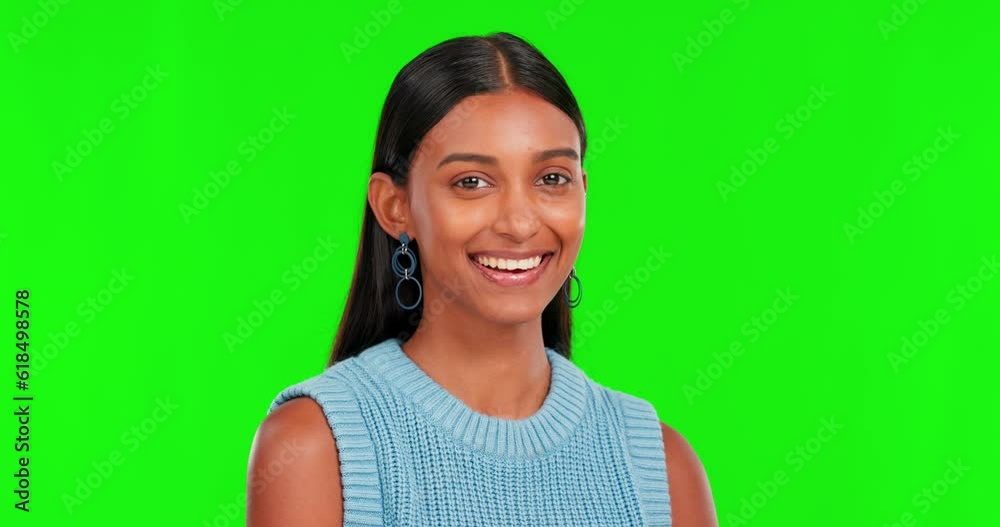 Face, smile and Indian woman in green screen studio laughing, joke or funny expression on mockup background. Portrait, happy and female person with humor, reaction and good mood or comedy with space Face, smile and Indian woman in green screen studio laughing, joke or funny expression on mockup background. Portrait, happy and female person with humor, reaction and good mood or comedy with space