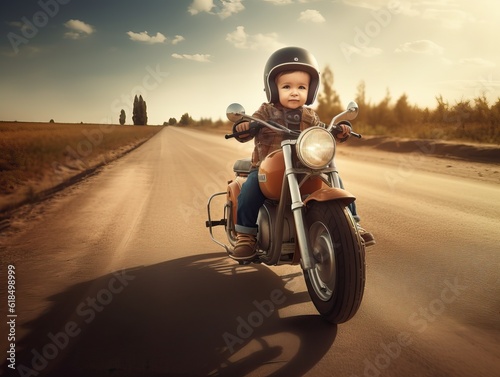 Fröhliches Baby fährt auf dem Motorrad in der Landschaft, generative AI.