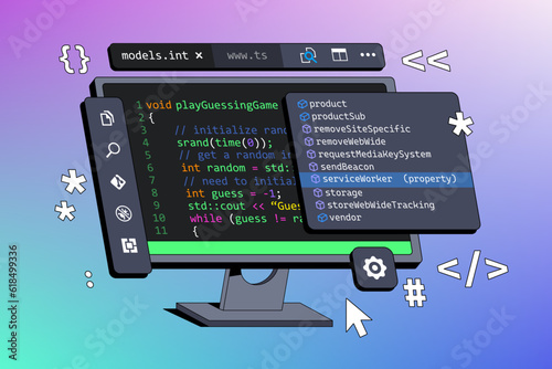 Window for developing computer programs displayed on computer. Programming and coding concept. Code on the screen. Isometric vector illustration